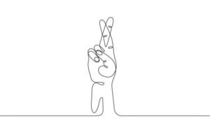 Single line drawn hand gesture, minimalistic human hand with cross fingers, symbol of lie, on luck, superstition, wish, cheating. Dynamic continuous one line graphic vector design