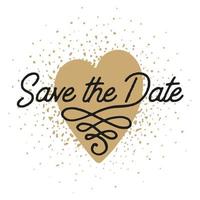 Save the Date in heart shape invite card vector template with modern calligraphy isolated on white background with splashes. Handwritten lettering. Hand drawn design elements.