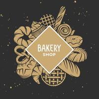 Set of vector bakery engraved elements. Typography design with bread, pastry, pie, buns, sweets, cupcake. Collection of modern linear graphic design template. Bakery shop. Top view composition.