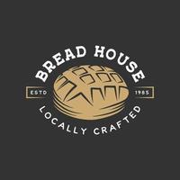 Vintage style bakery shop label, badge, emblem, logo. Monochrome vector graphic art with engraved design element of bread. Collection of linear graphic on black background.