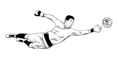 Vector engraved style illustration for posters, decoration and print. Hand drawn sketch of soccer player goalkeeper in black isolated on white background. Detailed vintage etching style drawing.