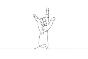 Single line drawn hand gesture, minimalistic human rock hand, symbol of rock, heavy metal, rock and roll music, two fingers up. Dynamic continuous one line graphic vector design