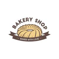 Vintage style bakery shop simple label, badge, emblem, logo template. Graphic food art with engraved cake design vector element with typography. Linear organic pastry on black background.