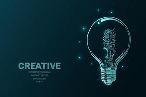 Futuristic illustration with lamp, lightbulb, creative idea sign on dark background. Vector lines, dots and shapes, connecting network, digital molecules technology, connection structure.