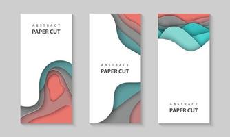 Vector vertical flyers with colorful paper cut waves shapes. 3D abstract paper style, design layout for business presentations, flyers, posters, prints, decoration, cards, brochure cover, banners.