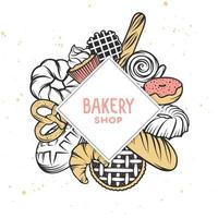 Set of vector bakery engraved elements. Typography design with bread, pastry, pie, buns, sweets, cupcake. Top view composition.