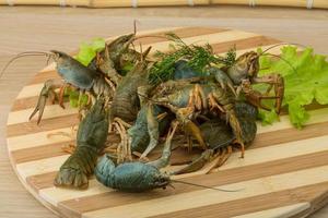 Raw Crayfish on wooden board and wooden background photo