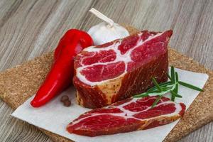 Chuck steak on wooden board and wooden background photo