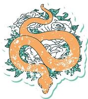 distressed sticker tattoo style icon of a snake and roses vector