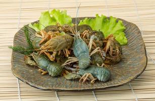 Raw Crayfish on wooden board and wooden background photo