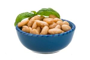 Tinned bean in a bowl on white background photo