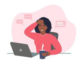 The african girl is sitting at her laptop. Work from home, freelance. The woman is tired, has a headache, she is stressed. Vector graphics.