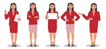 A set of girls in a business suit. A beautiful woman with a poster, tablet, different gestures. Vector graphics.