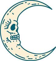 icono de estilo de tatuaje de una luna de calavera vector