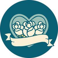 tattoo style icon of a heart and banner with flowers vector