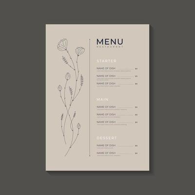 Hand drawn restaurant menu in boho style for lunch with blossom flowers and text.