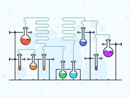 Vector illustration with chemical laboratory in flat line style. Flasks with color liquid and blue tubes.