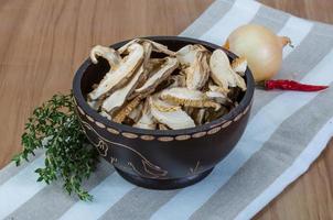 Shiitake in a bowl on wooden background photo
