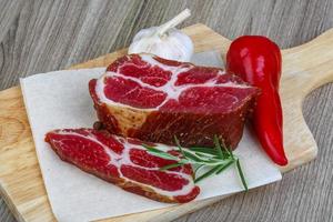 Chuck steak on wooden board and wooden background photo