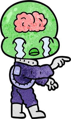 cartoon big brain alien crying and pointing