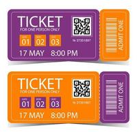 Ticket design with QR code and barcode, detachable or tear-off part, number, event date, time, gate, row and seat. Ticket vector illustration for show, cinema, theatre, circus, festival, concert.