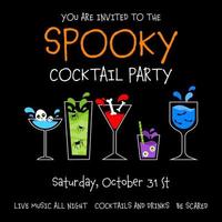 Halloween spooky cocktail party poster, banner, invitation or greeting card design template with spooky blue, yellow and red drinks with skull, bones, eyes, bats and spiders inside glasses. vector