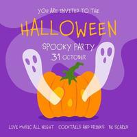 Halloween spooky party flyer, invitation card, banner or poster template with ghosts, phantoms or spirits coming out of a scary faced pumpkin on blue background. October 31 holiday celebration invite. vector