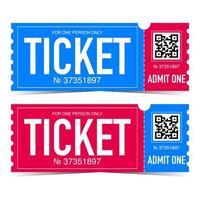 Ticket template design vector illustration in flat style. Horizontal ticket with QR code and detachable or tear-off part for event access or entrance on cinema, theatre, circus, festival or show.