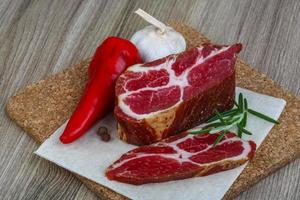 Chuck steak on wooden board and wooden background photo