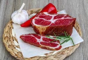 Chuck steak on wooden board and wooden background photo