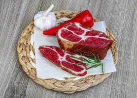 Chuck steak on wooden board and wooden background photo