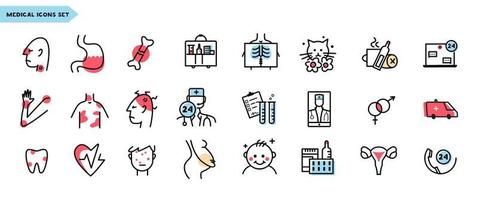 Medical And Healthcare Line Icons With Color Fill Vector Set. Elements For Applications And Web Design.