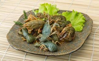 Raw Crayfish on the plate and wooden background photo