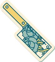 sticker of tattoo in traditional style of a cleaver and flowers vector