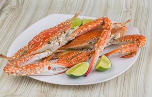 Boiled crabs on the plate and wooden background photo