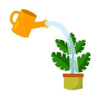 Care for house plant. Yellow watering can with water. Pot with flower and green leaves. Growth and development. Gardening and Hobbies. Flat cartoon isolated on white vector