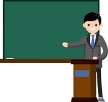 School teacher stands near blackboard. Lecturer in College in classroom. Clean chalkboard for chalk text. man in suit. Cartoon flat illustration. Podium for speech. Profession at University vector