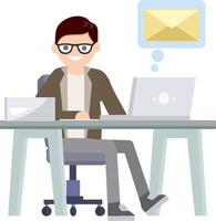 Young man sit at table with computer and receives letter. e-mail in messenger. Cartoon flat illustration. Work in office. postal envelope in bubble, chat with friends on Internet vector