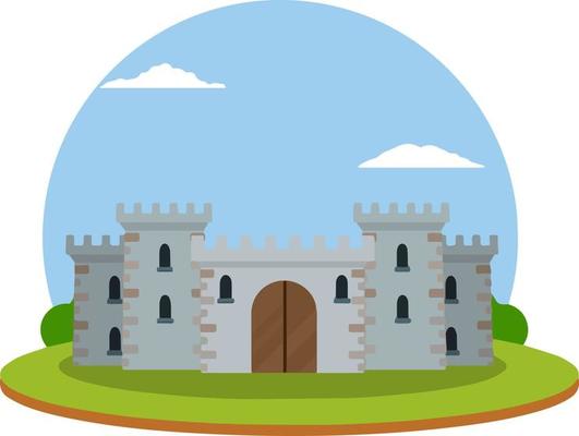 Medieval European stone castle. Knight fortress. Concept of security, protection and defense. Cartoon flat illustration. Military building with walls, gates and big tower.