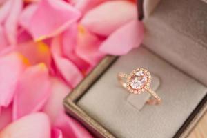 elegant wedding diamond ring in jewelry box on beautiful pink rose petal background close up photo