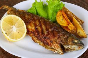 Grilled trout on the plate and wooden background photo