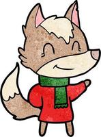 friendly cartoon wolf in winter clothes vector