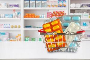 Medicine pills package in shopping basket with pharmacy drugstore shelves blur background photo