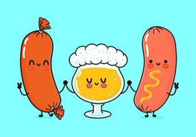 Cute, funny happy glass of beer, sausage and sausage with mustard. Vector hand drawn cartoon kawaii characters, illustration icon