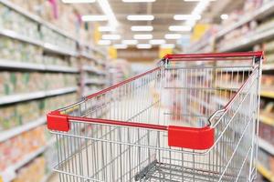 Empty shopping cart with abstract blur supermarket discount store aisle and product shelves interior defocused background photo