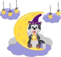 Black cat with a magic star sits on the moon and makes a wish. Halloween. Vector cartoon illustration.