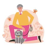 Senior man walking his dog on the lawn with flowers and butterflies vector