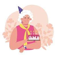 Elderly woman holding cake with birthday candles vector