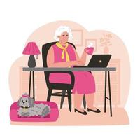 Happy senior woman works on the laptop vector