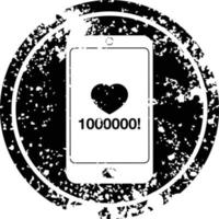 mobile phone showing 1000000 likes circular distressed symbol vector